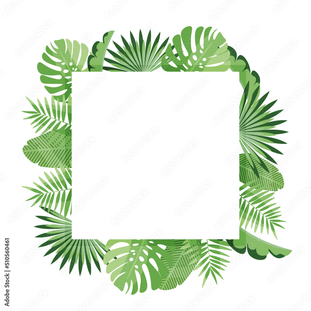 Vector image of square tropical frame with leaves. Summer tropical template with a place for text. Illustration on a white background.