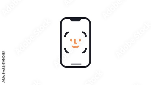 Animated linear phone mockup with face id on screen. Unlocking by face animation. Security and phone protecion.