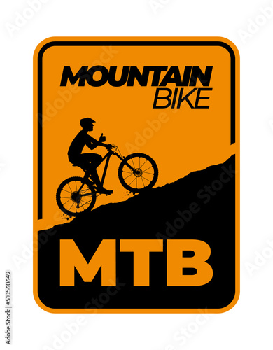 Vector rectangular sticker inscription Mountain bike with a silhouette of a cyclist riding uphill Isolated on white background.