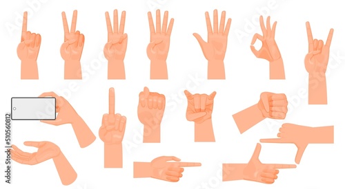 Hand gestures. Counting to five on fingers, fico, cartoon flat style. Sign language