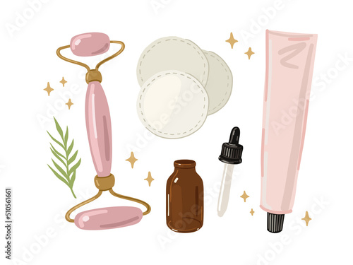Face massage set, vector illustration. Beauty products for self care.