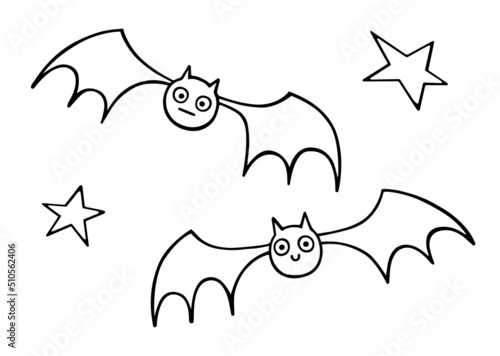 Two funny and cute flying bats. A set of cartoon illustrations of various stars and bats. Hand-drawn vector illustrations of bats in doodle style, isolated. For postcards, stickers for Halloween.