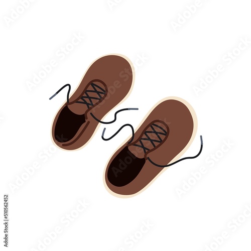 Pair of male shoes with untied laces, top view. Casual men foot wear with shoelaces. Unlaced footwear. Flat vector illustration isolated on white background