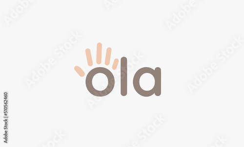 Ola letters with hand logo template, palm vector logo concept for friendly business identity, poster, banner. Vector illustration
