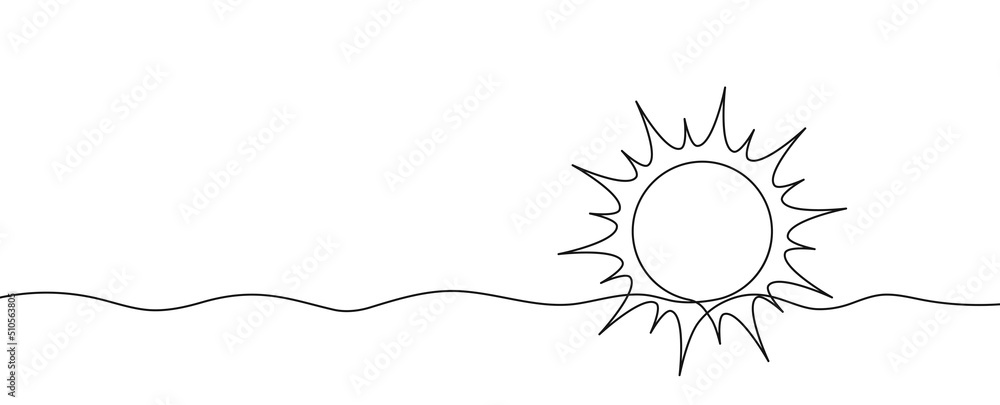 One continuous line illustration of sun with rays. Sun and sunlights drawn in one line. Vector illustration. - obrazy, fototapety, plakaty 