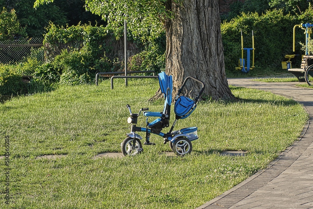 one empty blue tricycle baby stroller stands in the green grass outdoors in the park