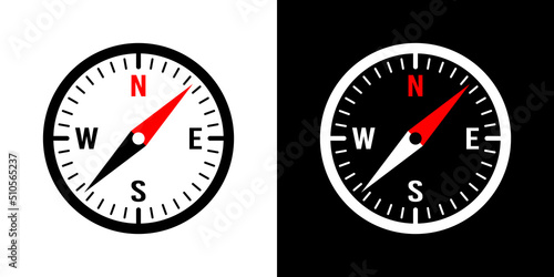 Magnetic navigator compass vector set. Round compass symbol with a red arrow, a traveler's landmark on the cardinal points and the poles of the Earth