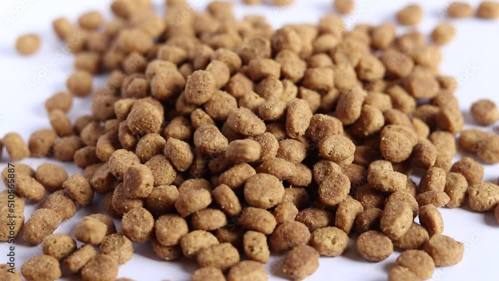 Dry animal feed falls on white background, top view. Dry animal feed falls on white background, top view.