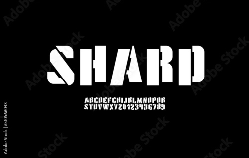 Abstract font, heavy alphabet, white stencil letters and numbers with parts
