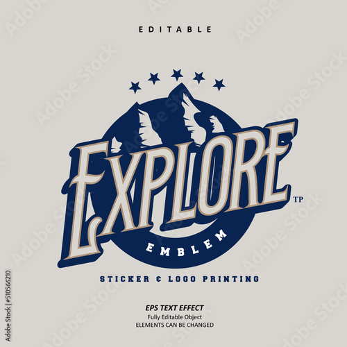 Vintage explore adventure outdoor logo emblem printable text effect editable premium vector