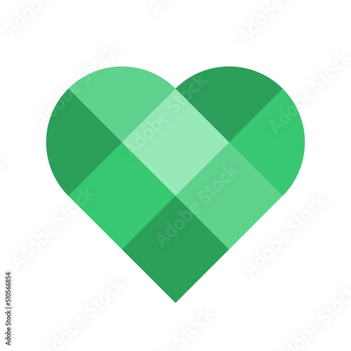 Green heart made of rectangles. Environmental conservation graphic element. Heart shape patchwork texture. Natural product logo template. Eco friendly packaging. Vector illustration, flat, clip art.