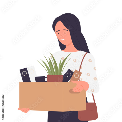 Smiling quitting girl with office box. Employee resignation, worker dismissal vector illustration