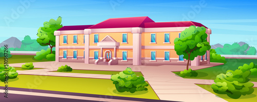 Education building exterior of college, high school, university or campus academy cartoon vector illustration. Schoolhouse front with green grass lawn. Facade of government house, court or library.