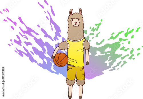 Illustration of a lama standing with a basketball. Animal, rack, cool, spots, eps ready to use. For your design