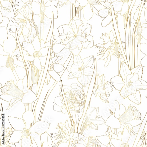 Seamless delicate pattern with spring golden line flowers. Bright spring  daffodils illustration.