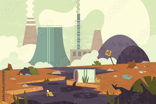 Flat environmental disaster with chemical water river and air pollution. Radioactive hazardous waste, toxic dangerous trash. Industrial accident on nuclear power plant with danger substance in barrel.