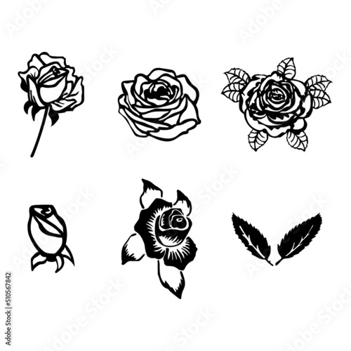 Editable set of six vector roses clipart on the white background. EPS10.