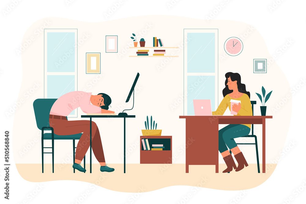 Fototapeta premium Tired female employee sleeping at workplace. Sleepy girl sitting on chair at computer desk after deadline overwork, colleague drinking coffee flat vector illustration. Burnout syndrome concept