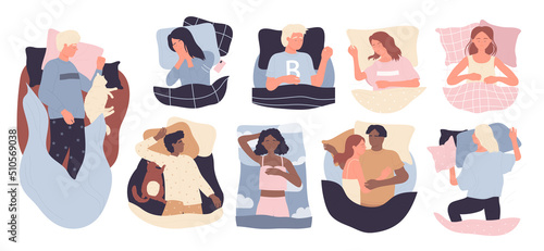 People sleep in bed in different positions set, top view vector illustration. Cartoon cute male and female characters in pajamas sleeping at night isolated on white. Sweet dreams, bedtime concept