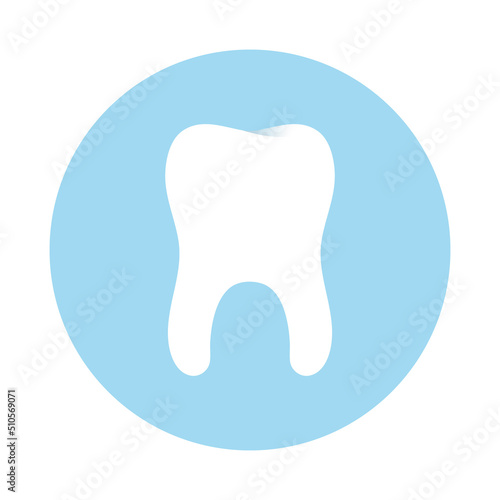 White tooth on round blue background. Dental care concept. Tooth care icon. Dentist logo design. Flat vector illustration.