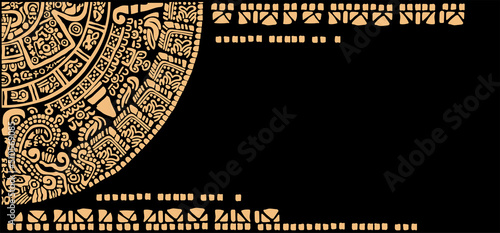 Corner design on the theme of the Mayan calendar.  Mayan ornament.
Images of characters of ancient American Indians.The Aztecs, Mayans, Incas.
The Mayan alphabet.Ancient signs of America on a black ba