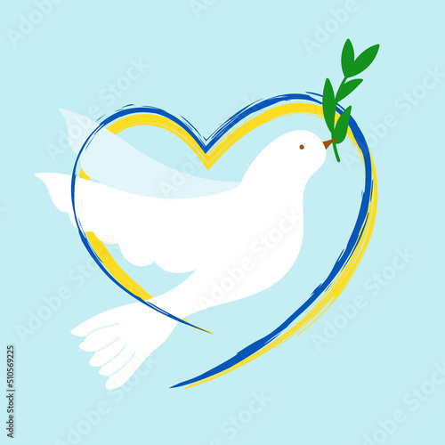 Flight of dove with olive twig. Cartoon white pigeon flying inside line of heart drawn with brush in yellow blue national colors of Ukrainian flag flat vector illustration. Stop war in Ukraine concept