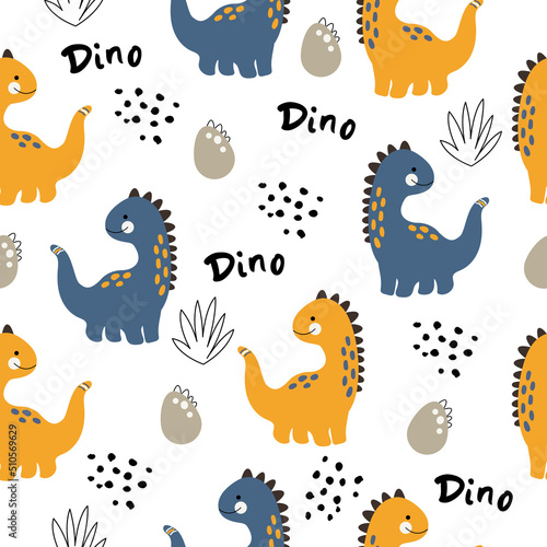 Hand drawn vector pattern with dinosaur. Seamless pattern with dinosaurs  dots  eggs  dino lettering and tropical bushes in doodle style. Children s wallpaper  printing on clothes.