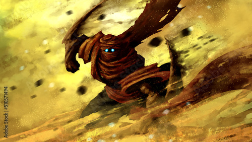 Bild auf Leinwand A desert assassin with two swords creates a sandstorm around him and looks ahead