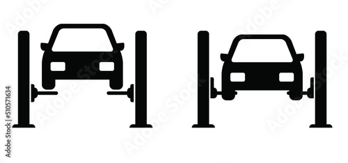 Cartoon car lifting service icon or symbol. Flat vetor cars, garage shop tools. Black car lift pictogram. Motorcar service or car repair service center. Car lifted on auto.