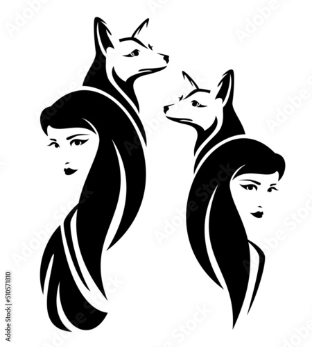 beautiful woman with long hair and elegant fox black and white vector head portrait outline