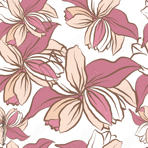 Seamless background with decorative lilies. Vector version.