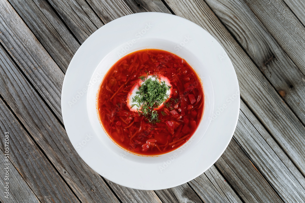 Photo for menu, Ukrainian borscht with sour cream, food background, Food and health. Top view Photo for menu, Ukrainian borscht with sour cream, food background, Food and health. Top view