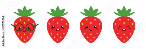 Set, collection of cute smiling cartoon style red strawberry characters for food and nature design.
