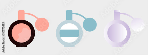 Woman perfume set, beauty products, female perfume, glare on the glass. Flat graphic vector illustration isolated, gradient. Oval, round bottle, scent, aroma, fragrance, odour, toilet water, perfumery