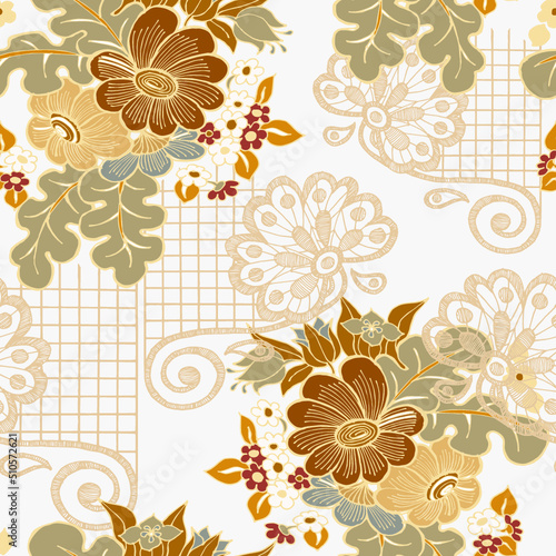 Golden flowers with foliage and lace on white background. Floral composition for decorations textiles and papers. Vector version.