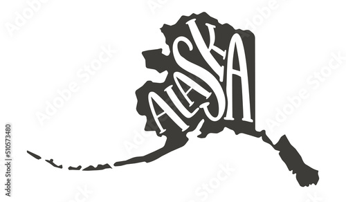 Alaska silhouette state. Alaska map with text script. Vector outline Isolated illustratuon on a white background. Alaska state map for poster, banner, t-shirt, tee.