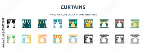 curtains icon in 18 different styles such as thin line, thick line, two color, glyph, colorful, lineal color, detailed, stroke and gradient. set of curtains vector for web, mobile, ui