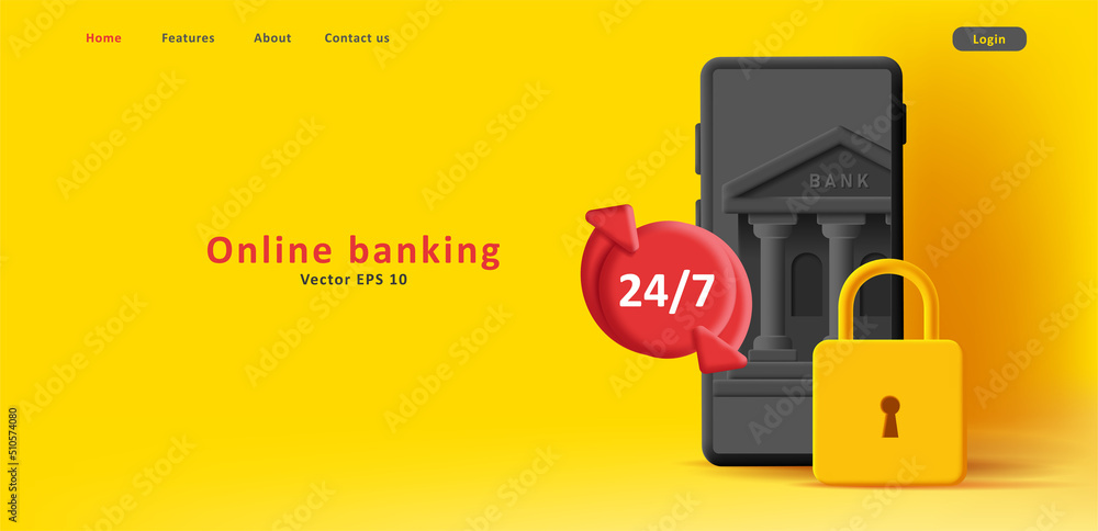 3d illustration of a smartphone with bank building and padlock with 24 7 support icon 3d illustration of a smartphone with bank building and padlock with 24 7 support icon