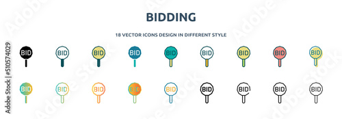 bidding icon in 18 different styles such as thin line, thick line, two color, glyph, colorful, lineal color, detailed, stroke and gradient. set of bidding vector for web, mobile, ui