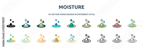 moisture icon in 18 different styles such as thin line, thick line, two color, glyph, colorful, lineal color, detailed, stroke and gradient. set of moisture vector for web, mobile, ui