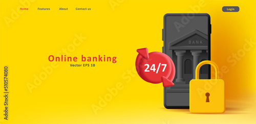 3d illustration of a smartphone with bank building and padlock with 24 7 support icon