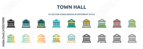 town hall icon in 18 different styles such as thin line, thick line, two color, glyph, colorful, lineal color, detailed, stroke and gradient. set of town hall vector for web, mobile, ui