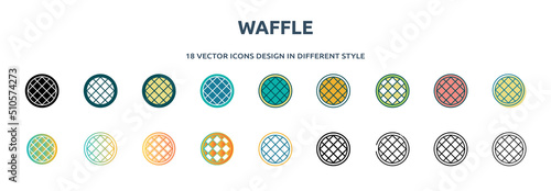 waffle icon in 18 different styles such as thin line, thick line, two color, glyph, colorful, lineal color, detailed, stroke and gradient. set of waffle vector for web, mobile, ui