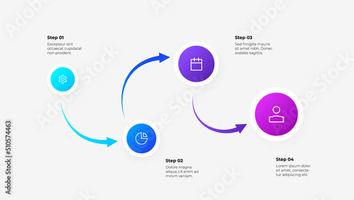 Four circles with arrows. Process infographic illustration. Growth example with 4 steps.