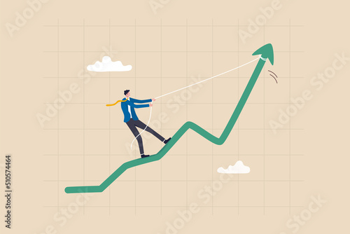 Increase sales or investment profit, growth or improvement, financial interest rate or crypto and stock market return concept, businessman pulling performance graph rising up with full effort.