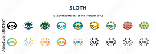 sloth icon in 18 different styles such as thin line, thick line, two color, glyph, colorful, lineal color, detailed, stroke and gradient. set of sloth vector for web, mobile, ui