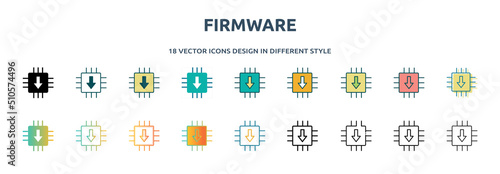 firmware icon in 18 different styles such as thin line, thick line, two color, glyph, colorful, lineal color, detailed, stroke and gradient. set of firmware vector for web, mobile, ui