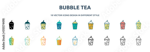bubble tea icon in 18 different styles such as thin line, thick line, two color, glyph, colorful, lineal color, detailed, stroke and gradient. set of bubble tea vector for web, mobile, ui