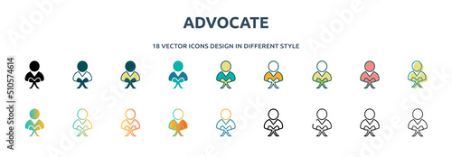 advocate icon in 18 different styles such as thin line, thick line, two color, glyph, colorful, lineal color, detailed, stroke and gradient. set of advocate vector for web, mobile, ui