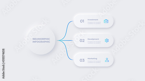 Flowchart infographic in neumorphic style. Business concept with 3 options, parts, steps or processes.